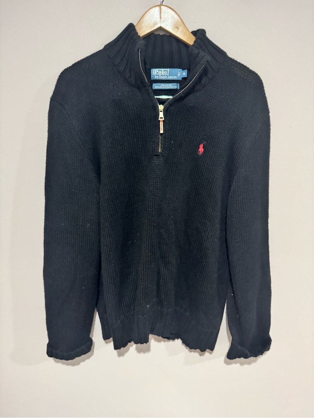 Polo Ralph Lauren Black Cotton Knit 1/4 Zip Mock Neck Pullover Sweater Men's M
